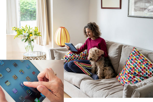 vividsocial, woman looking at facebook, on sofa with dog